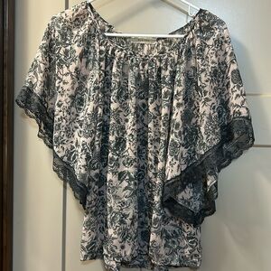 Peasant Blouse with Black Floral Lace — Pale Pink